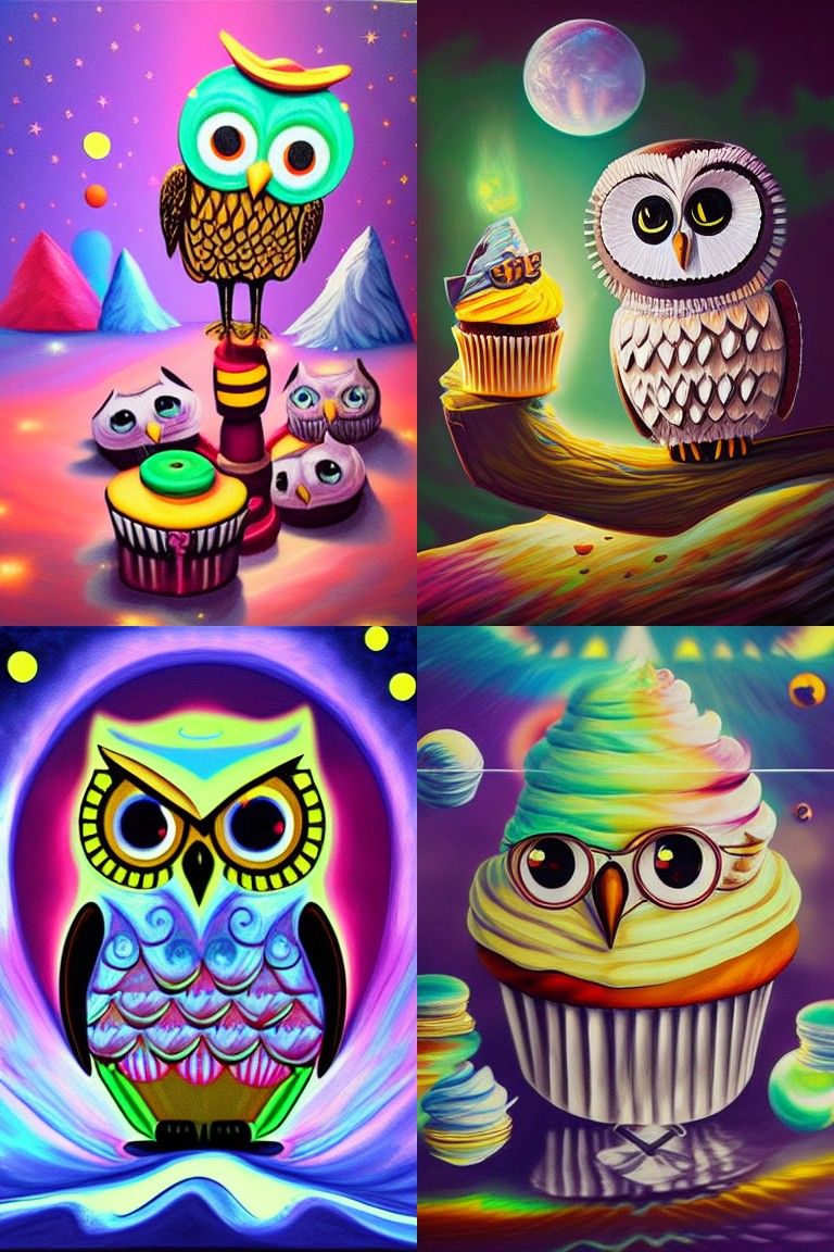 Cupcake Owls in Action Painting Style