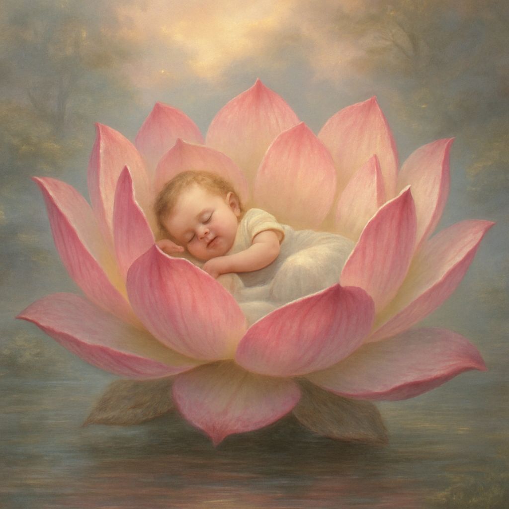 Sleeping Baby in Lotus Blossom, Ethereal Fantasy