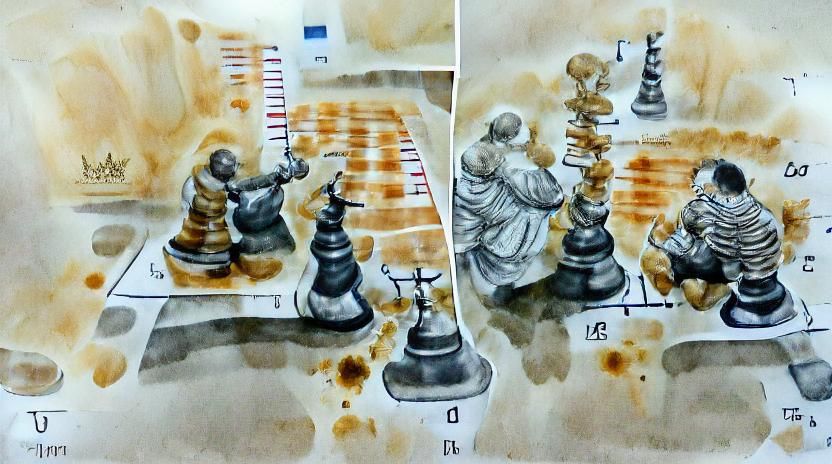 Intense Chess Game: Art vs Science, Sumi Ink Wash