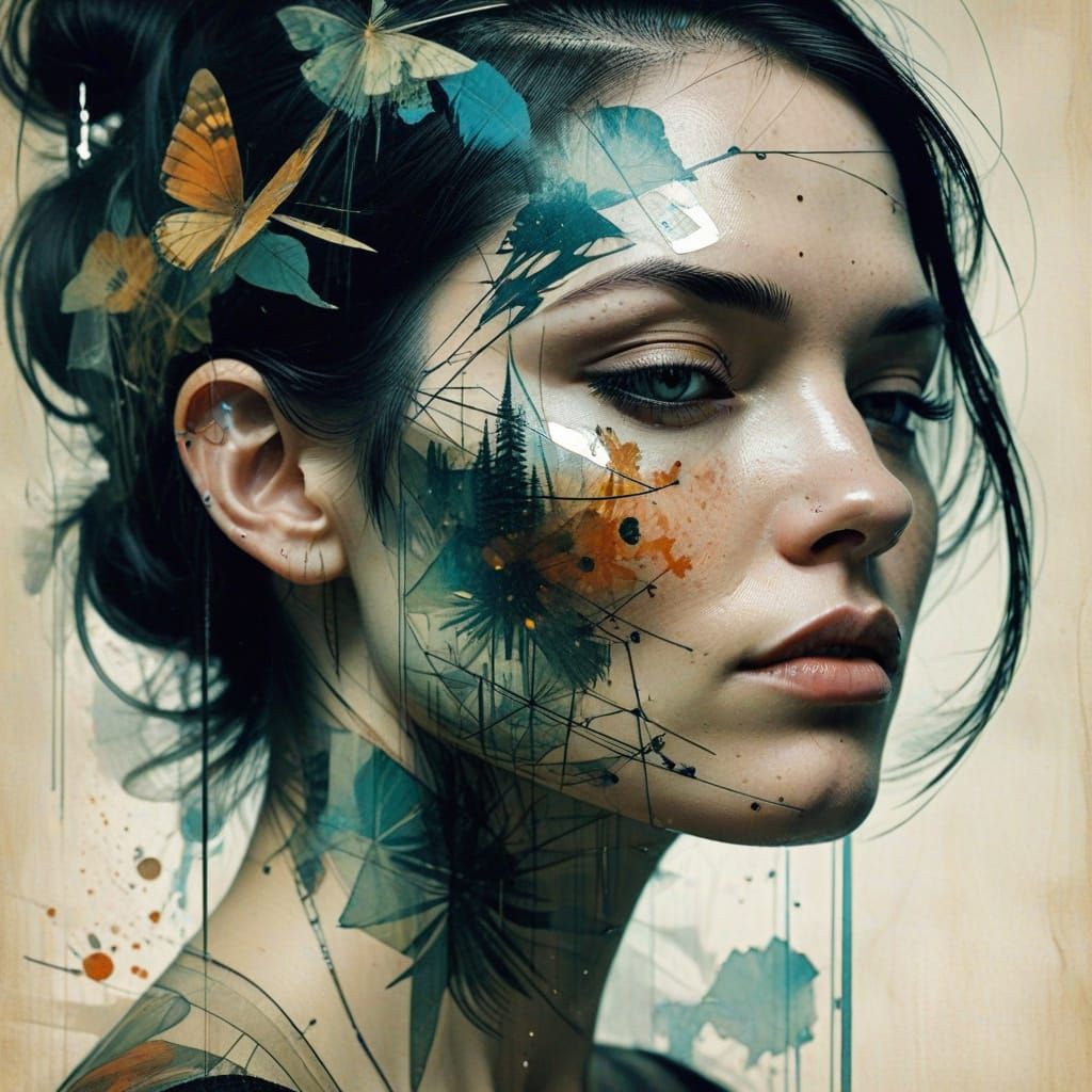 Surreal Double Exposure Portrait with Facial Tattoos