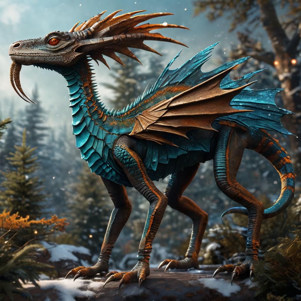 Hybrid Lizard-Stag with Bat Wings in Snowy Scene