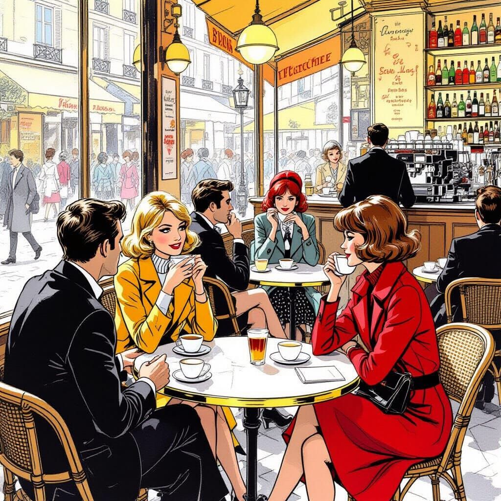 1960s Parisian Cafe Scene in Mod Fashion