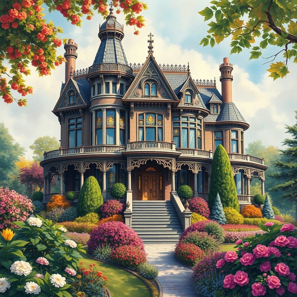 Elegant Victorian Mansion in Whimsical Landscape