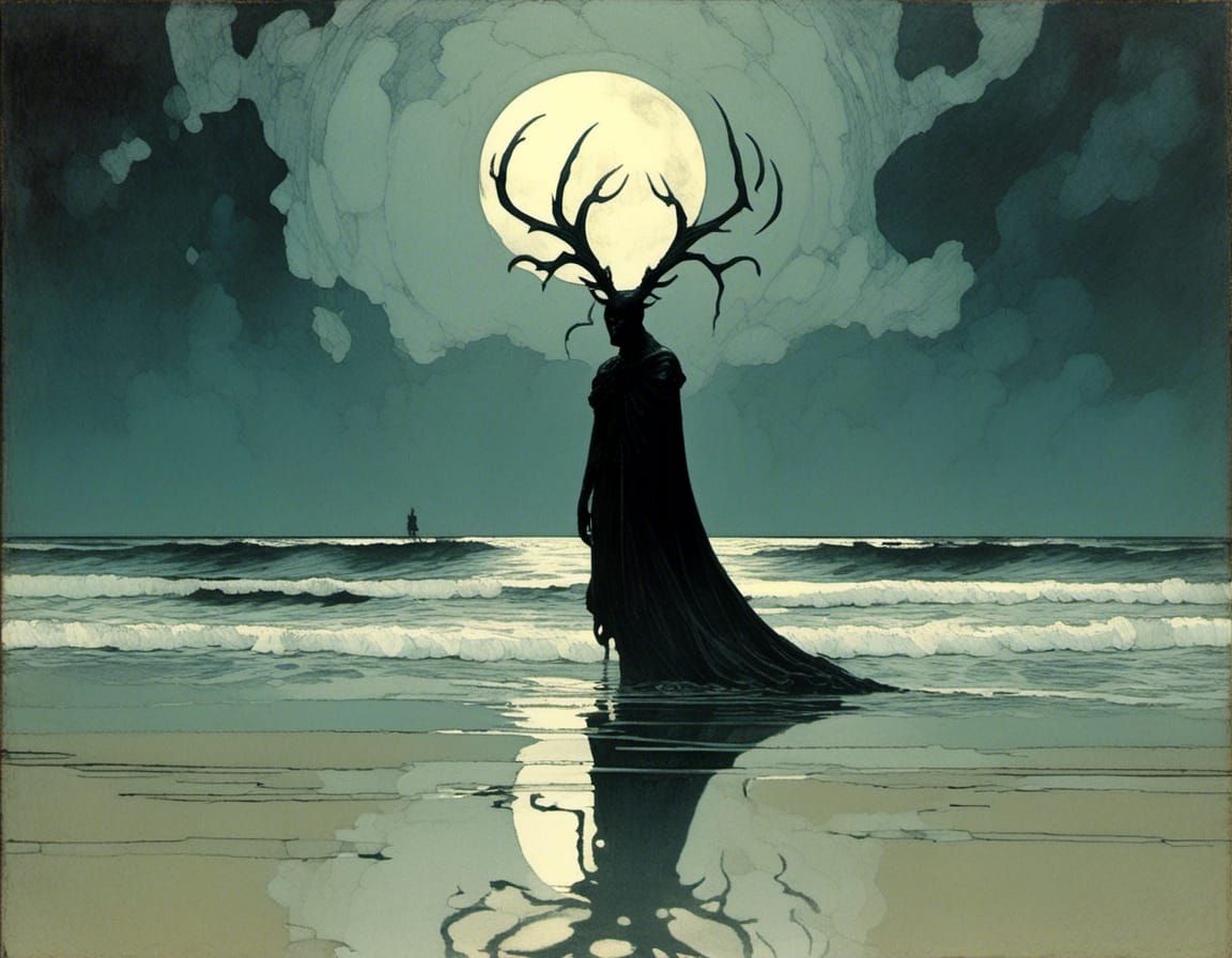 Ominous Figure on Misty Beach in Art Nouveau Style