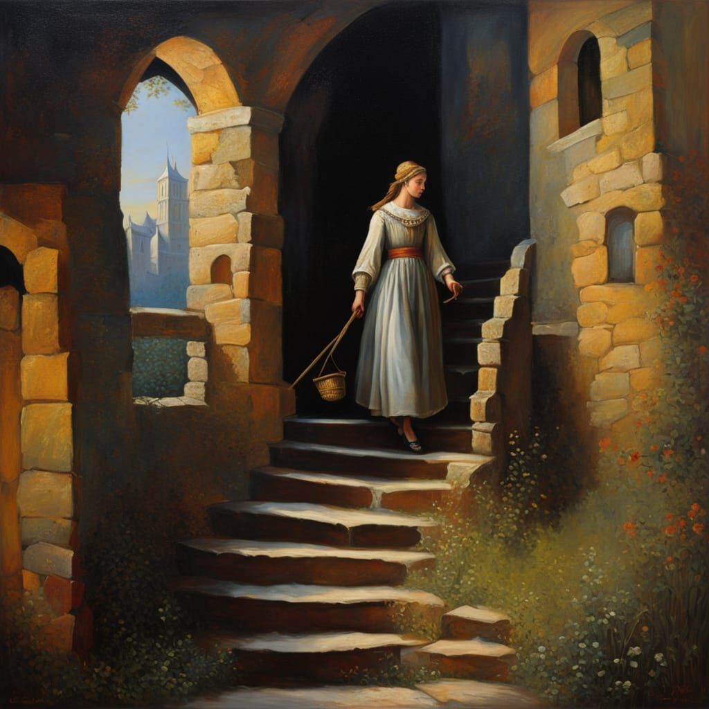 Medieval Woman Descends Stairs in Vibrant Chiaroscuro