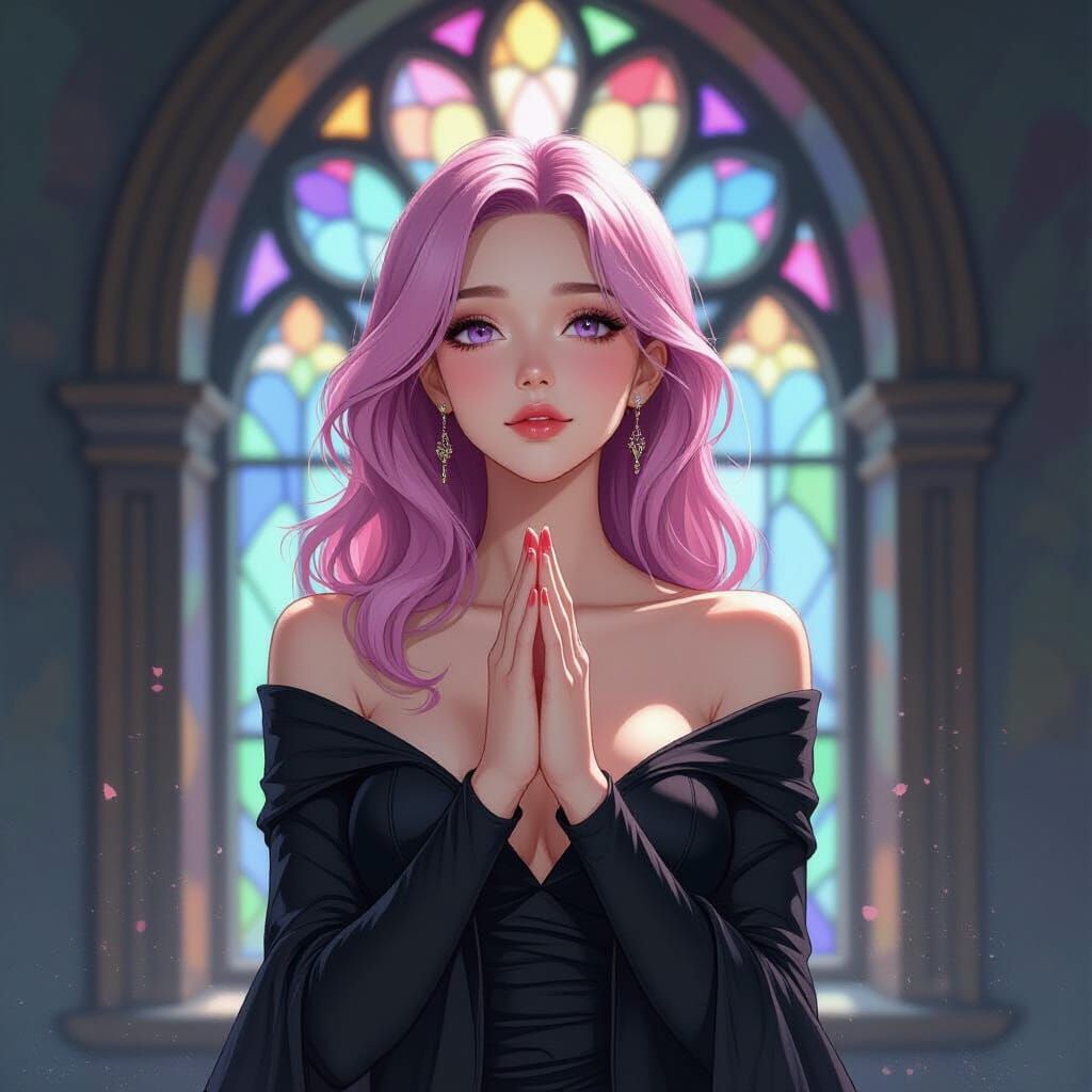 Pink Haired Woman Praying in Watercolor and Oil Style