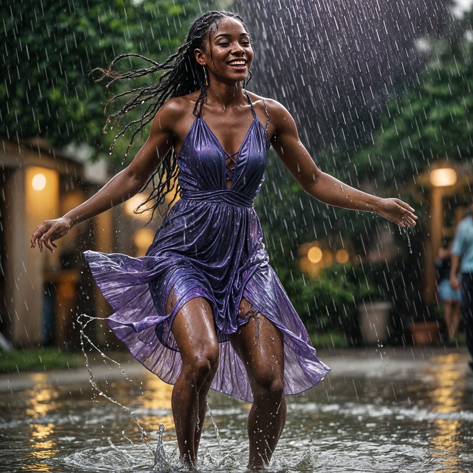 Ebony Woman Dancing in the Rain with Purple Dress