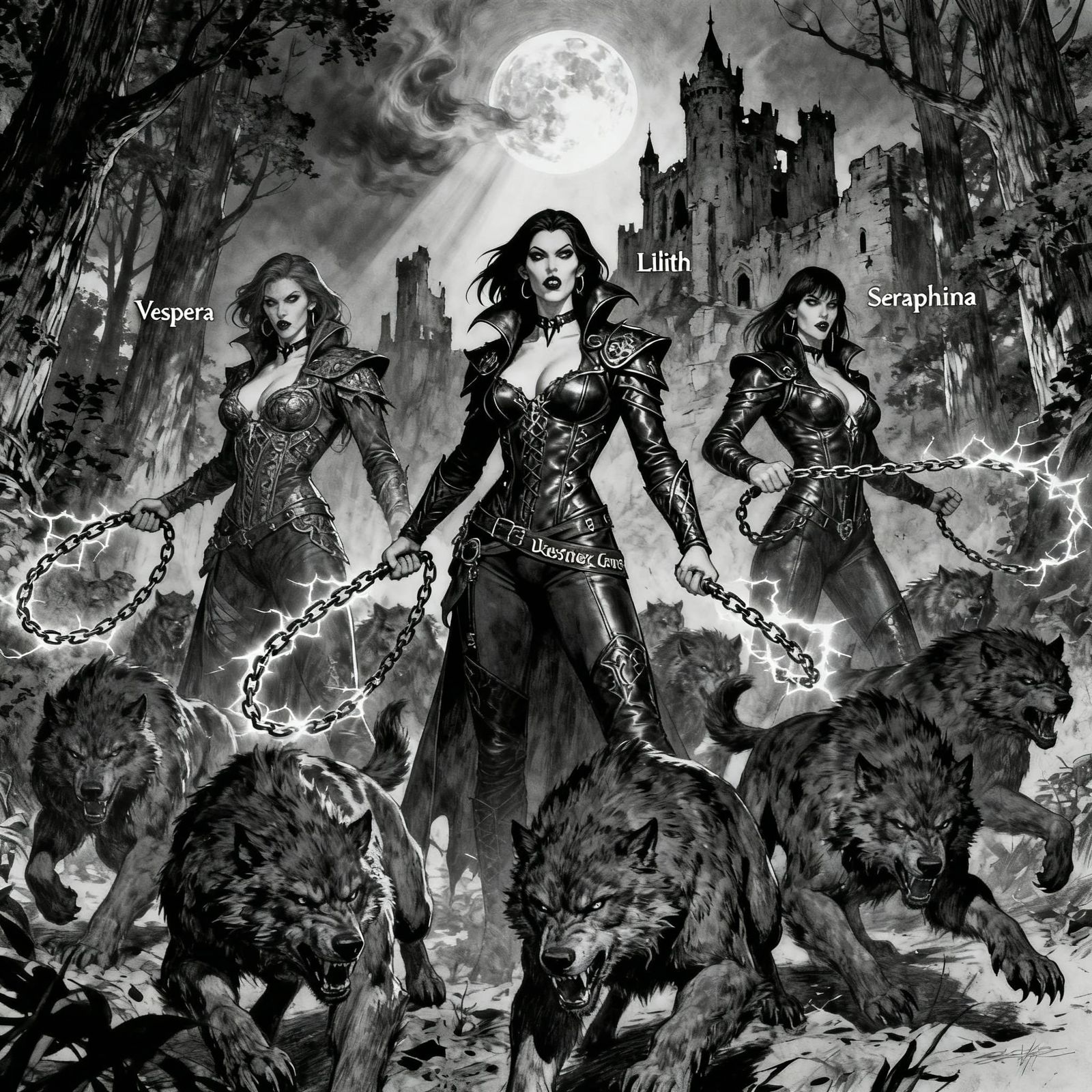 Monochromatic Sketch: Vampires Battle Werewolves Amidst Ruin...