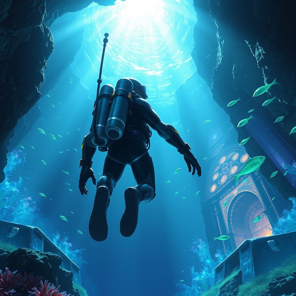 Diver Descends into Bioluminescent Underwater Sci-Fi Chasm