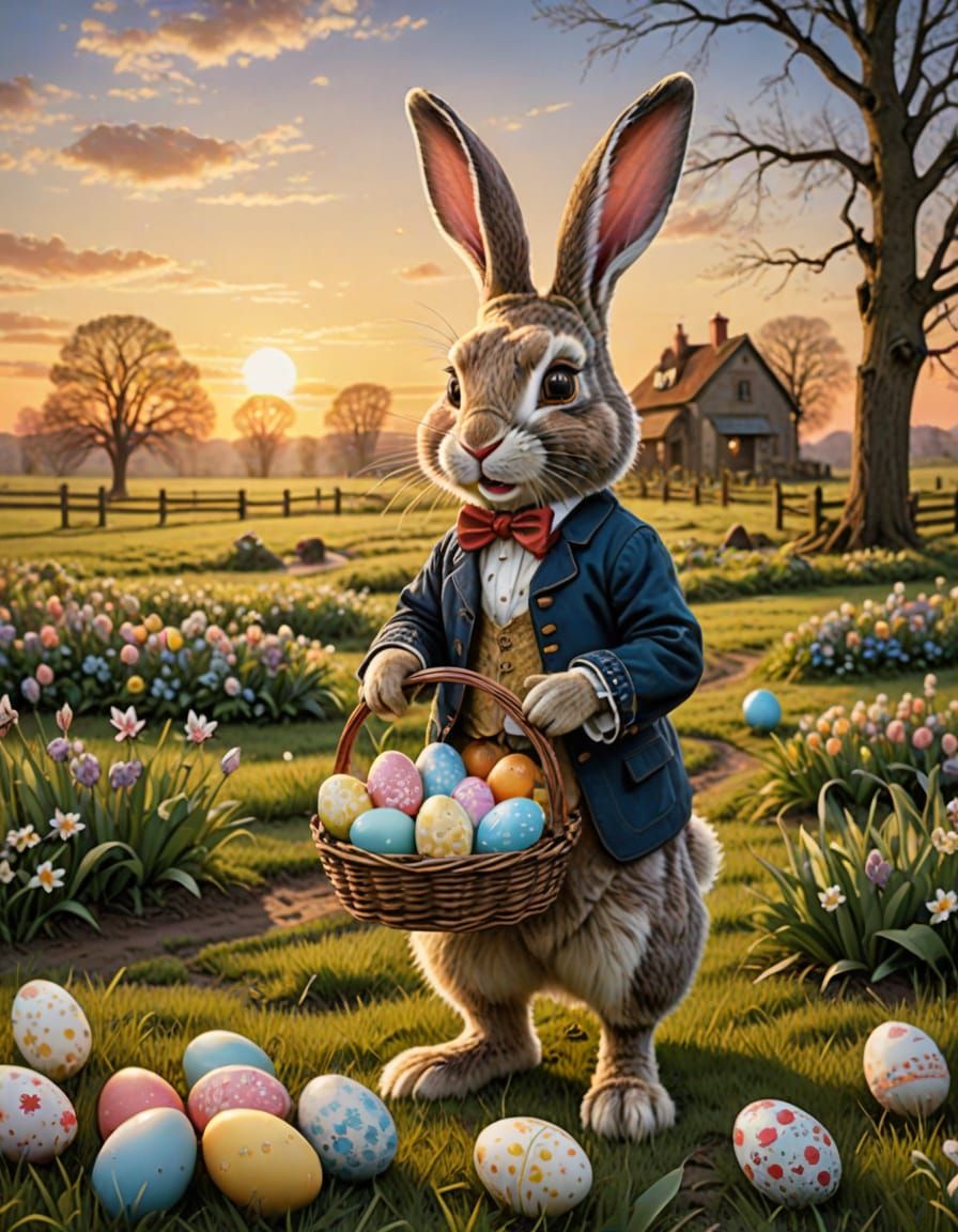 Victorian Easter Bunny in a Sunrise Field