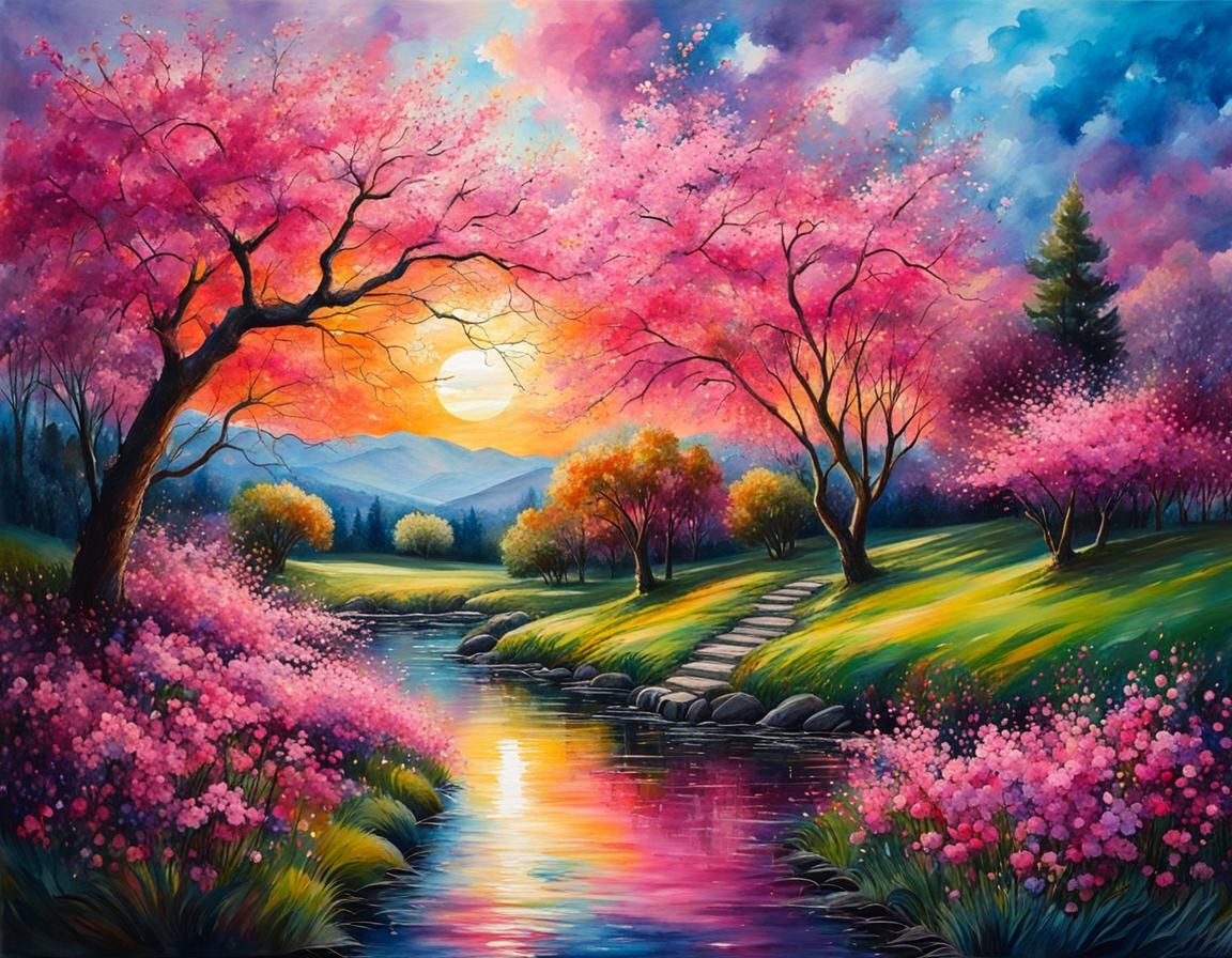 Pink Blossoms and Creek Landscape in Detailed Digital Art