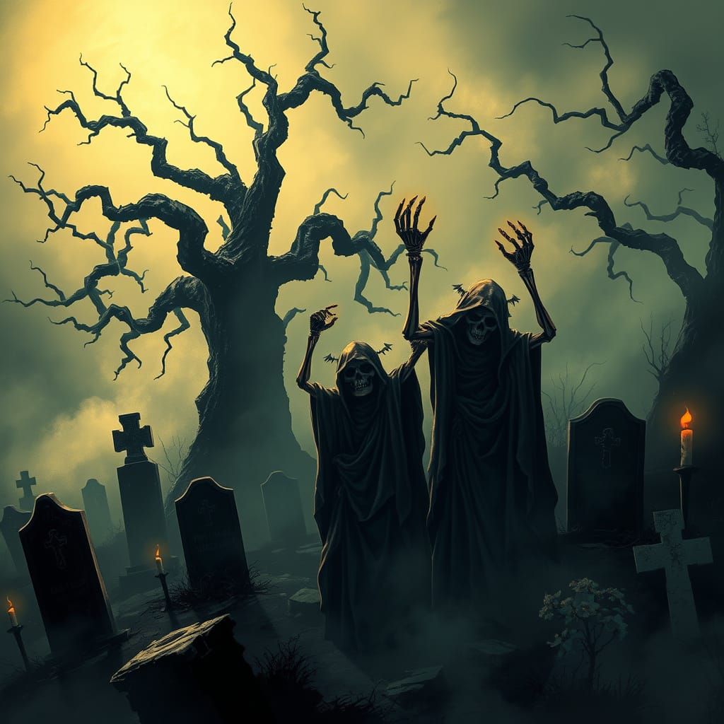 Gothic Skeletons Rise from the Graveyard in Moonlit Fog