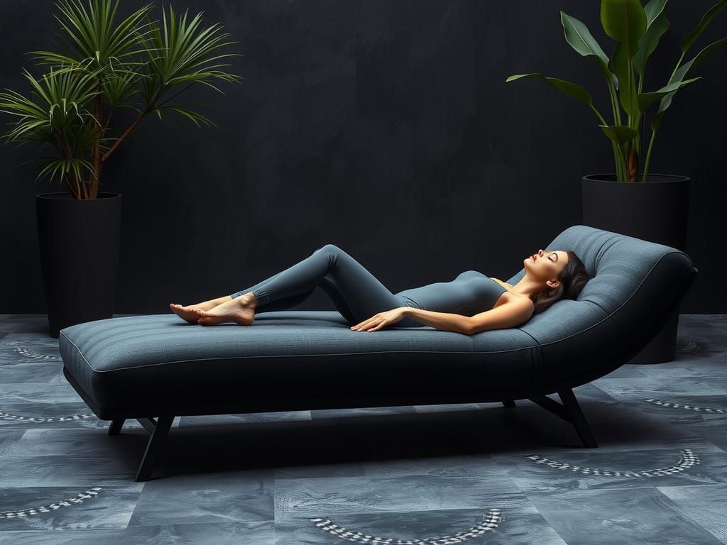 Photorealistic Cinematic Scene of a Model on a Dark Chaise L...