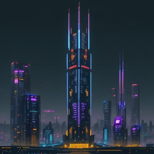 Cyberpunk Skyscraper at Sunset in a Futuristic City