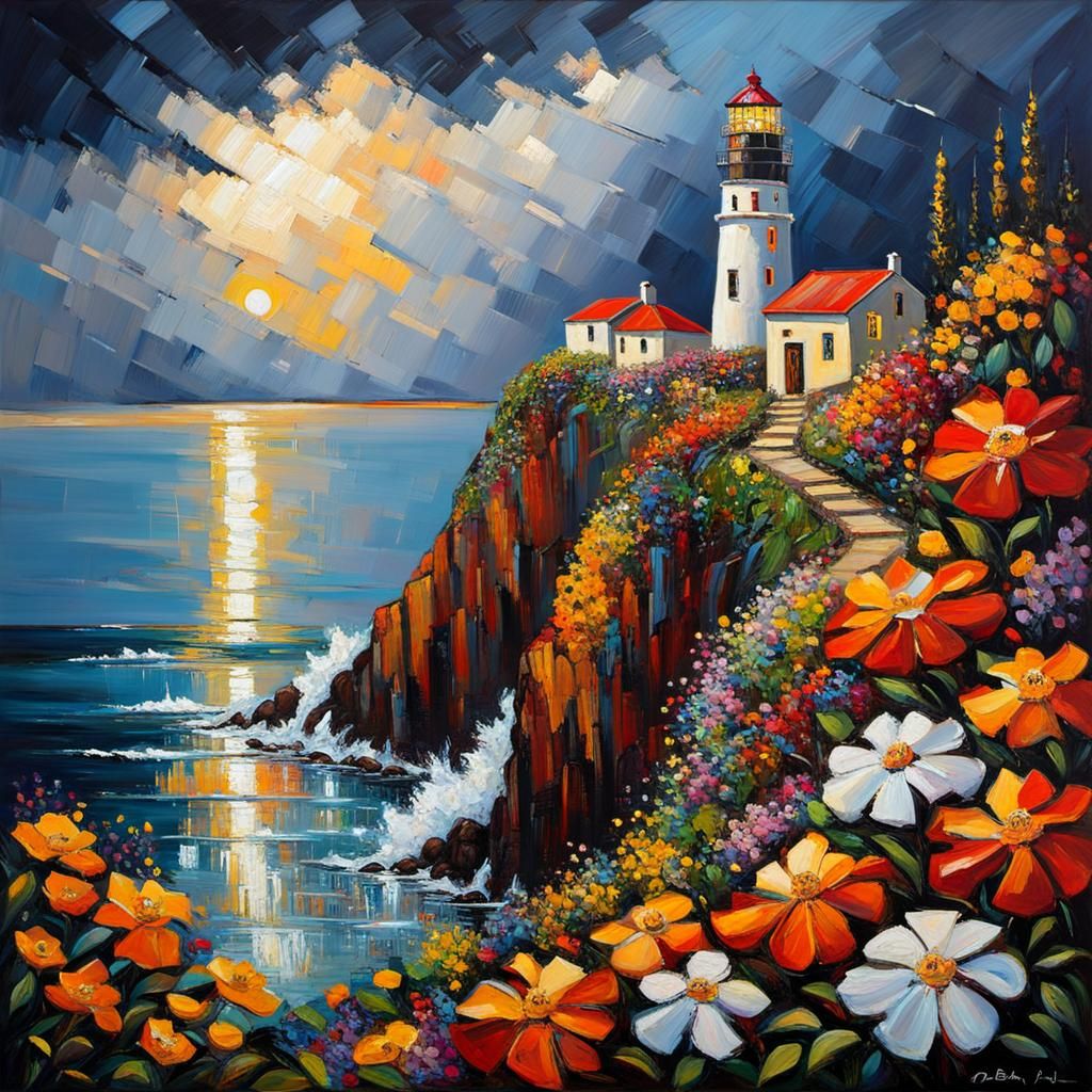 Lighthouse on Floral Cliff in Tachisme Style