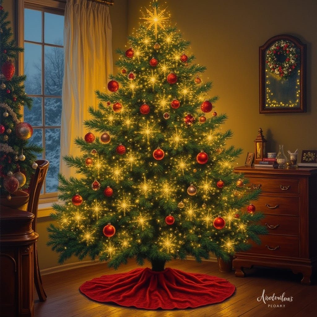 Festive Christmas Tree with Ornaments in Golden Light