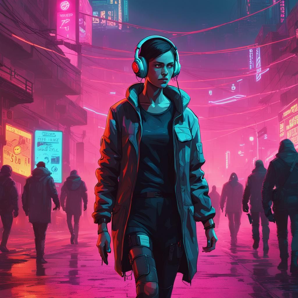 Woman with Headphones in Cyberpunk Ghost World