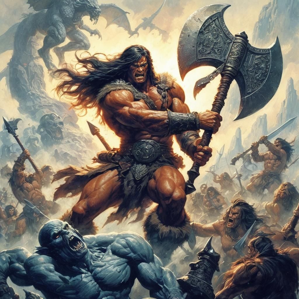 Conan the Barbarian Battles a Monster: Frazetta-Style Art