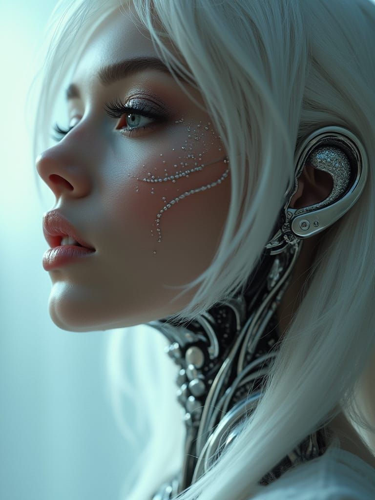 Striking Android with Platinum Hair and Biomechanical Accent...