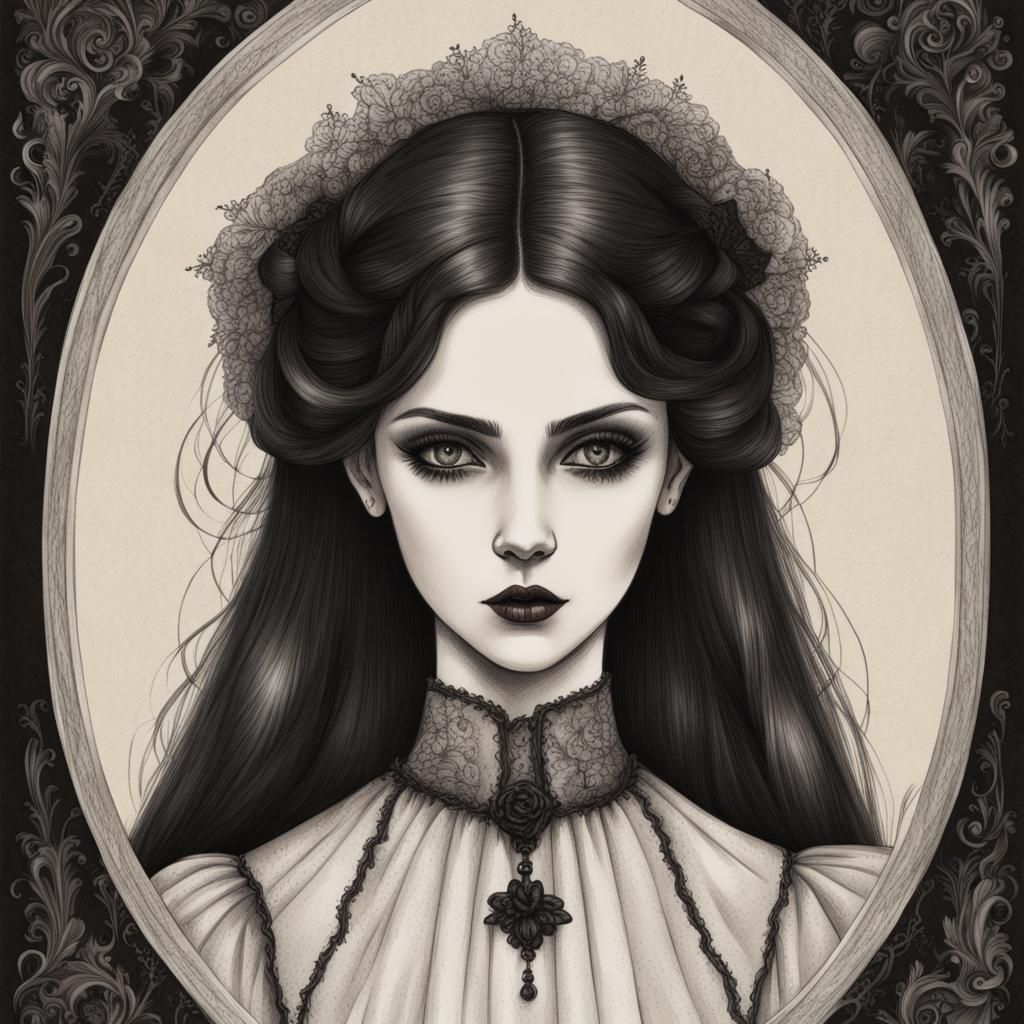 Gothic Girl Vintage Drawing: Full Front Portrait