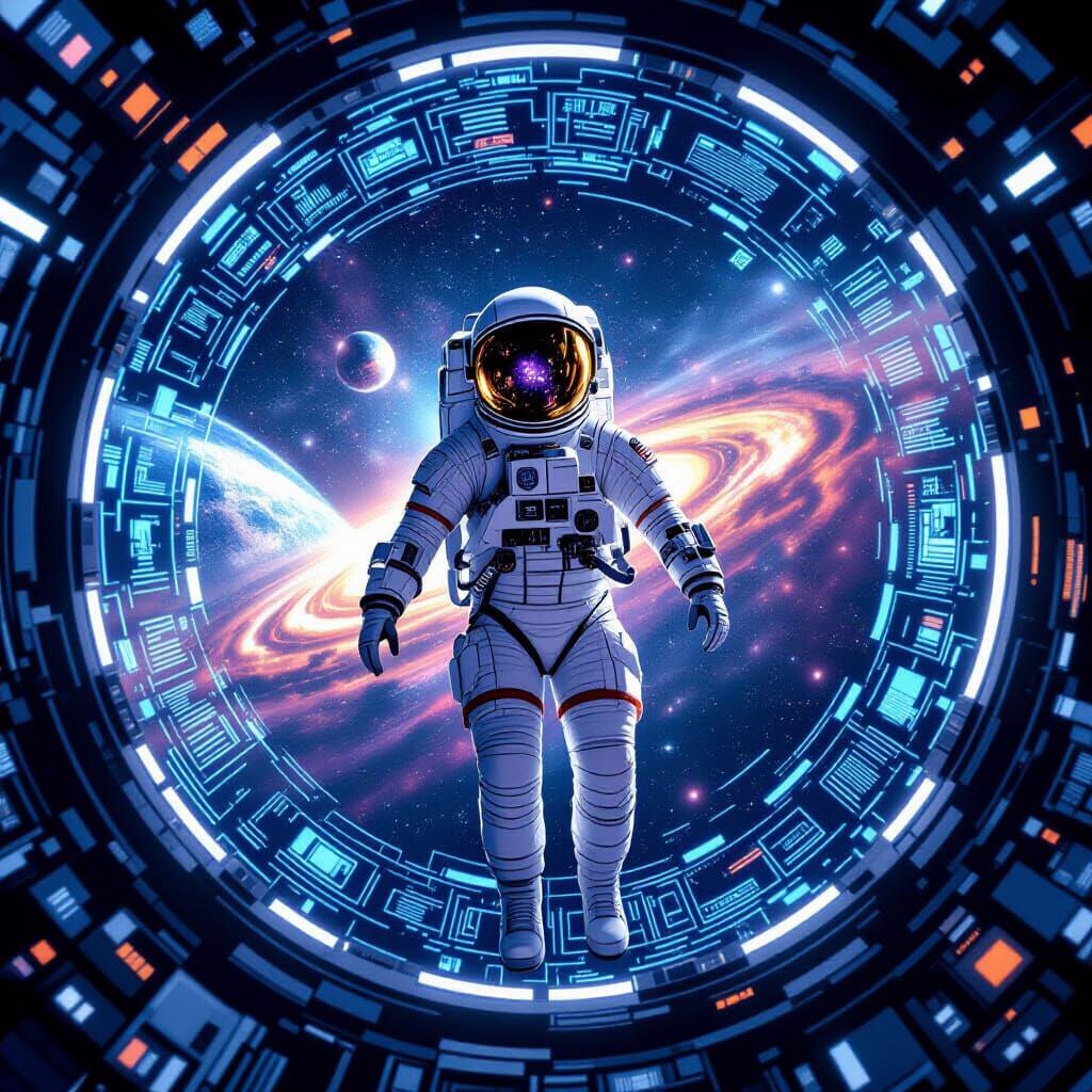 Astronaut Floats in Futuristic Spaceship Interior
