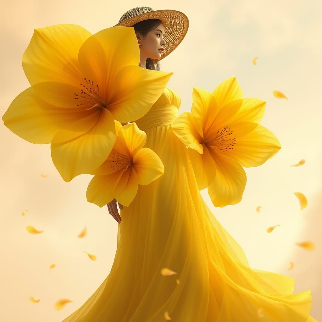 Ethereal Woman in Yellow Sky Dress with Flowers