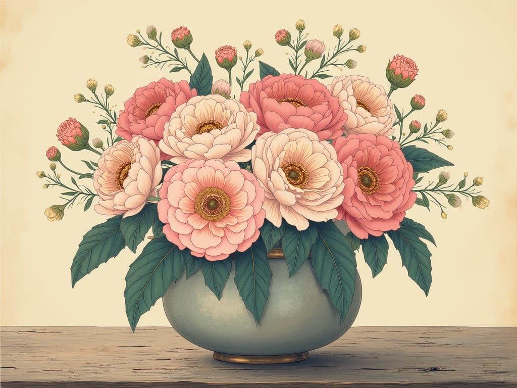 Ranunculus Bouquet in Ukiyo-e Style