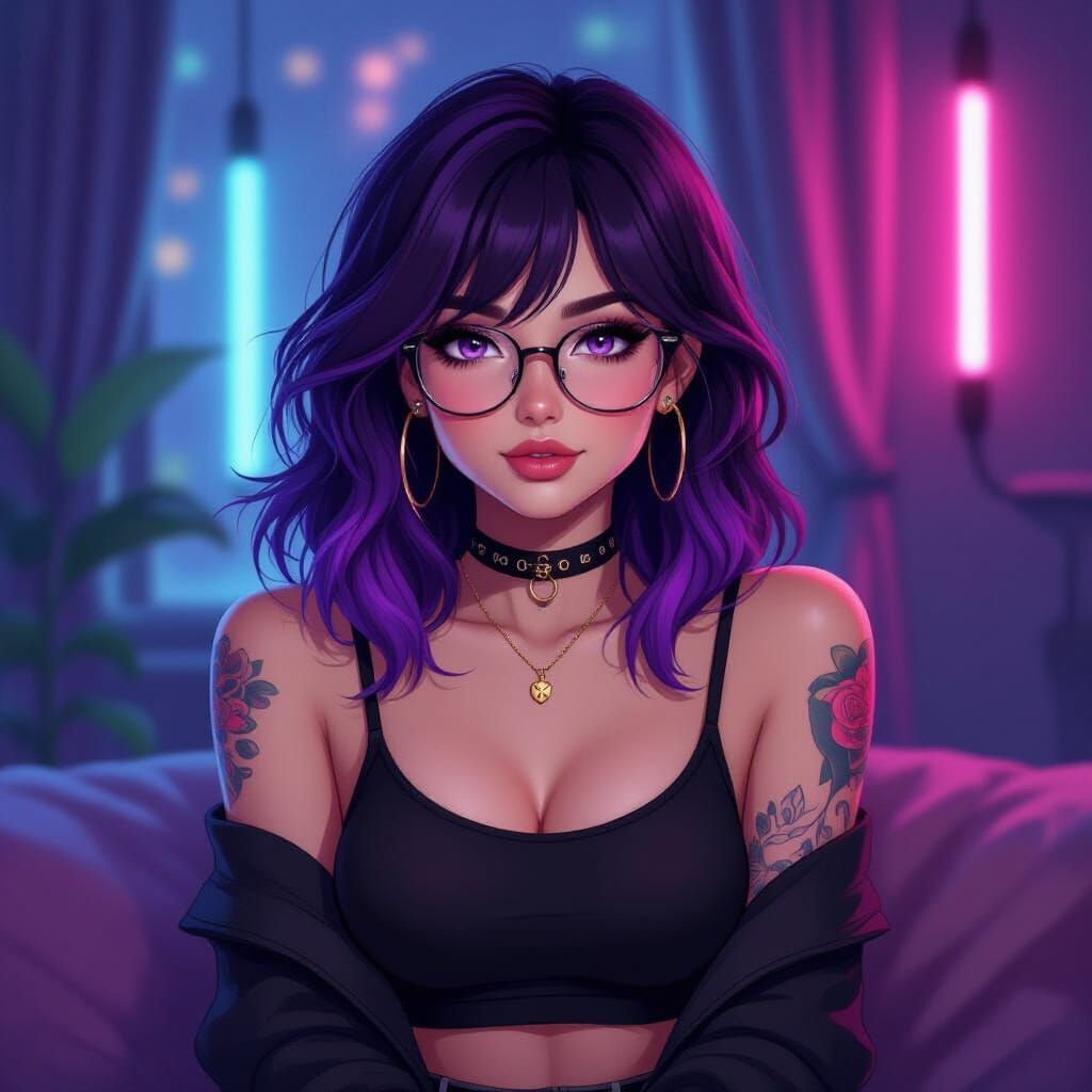 Anime Style Portrait of a Woman with Aubergine Hair