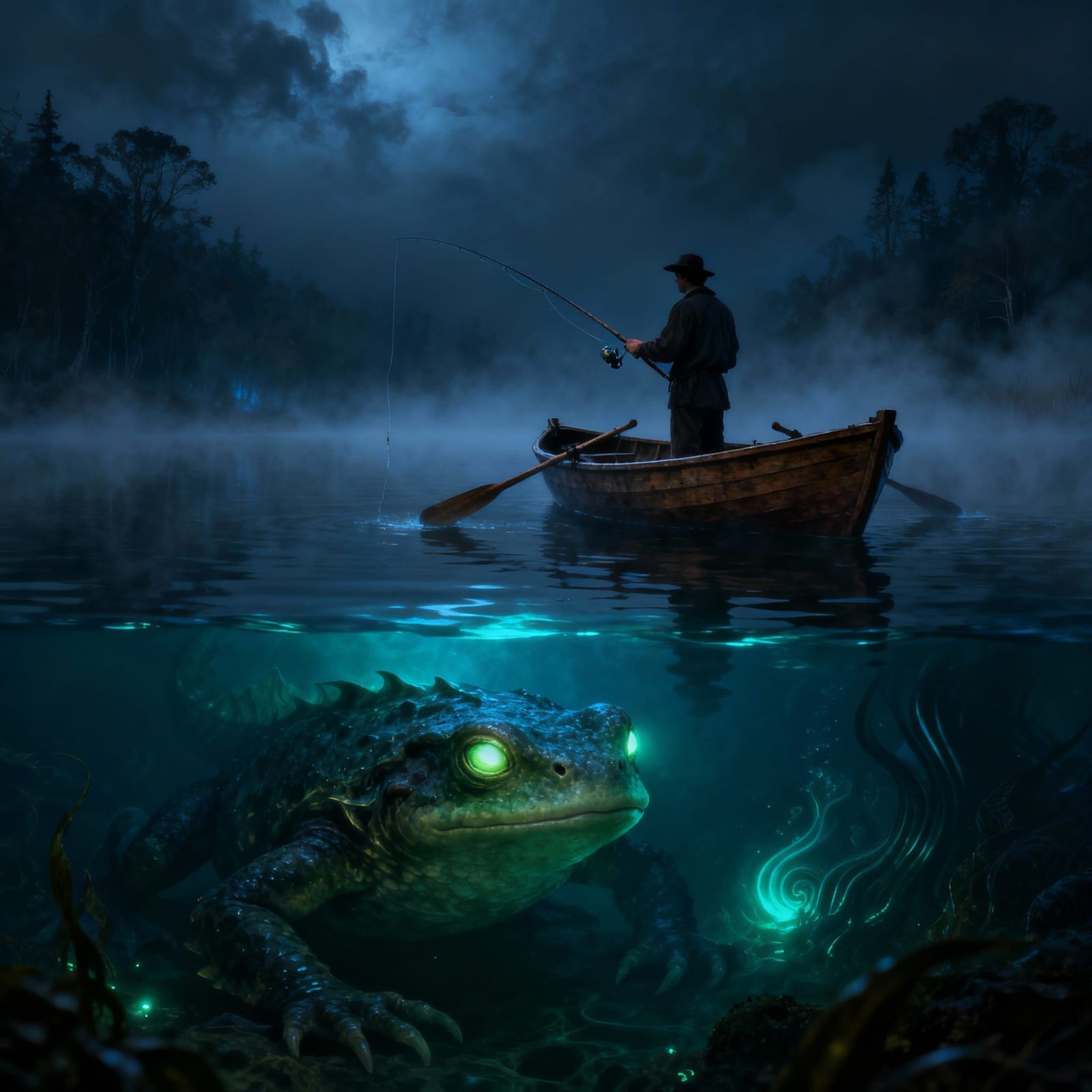 Man Fishing in Misty Lake Watched by Mysterious Creature