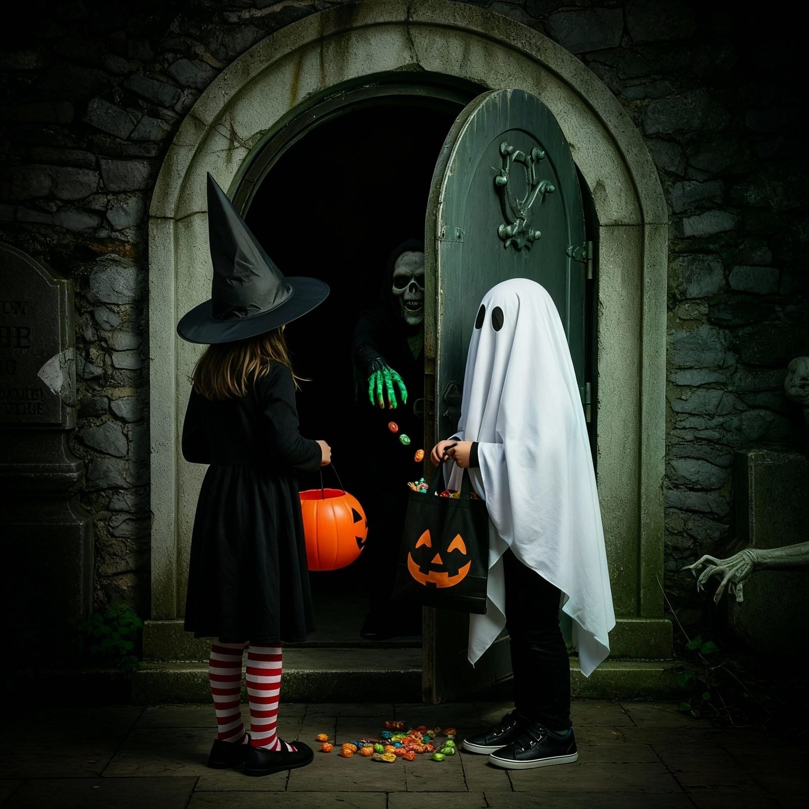 Children in Costume Collect Candy from Crypt