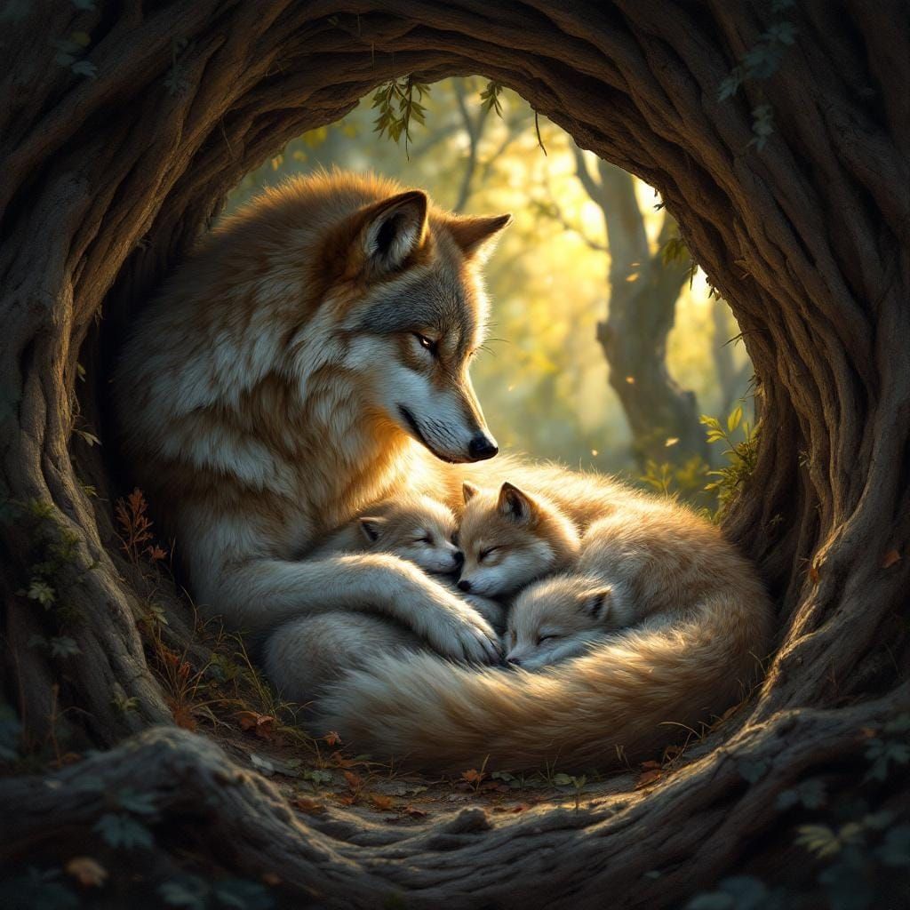 Mother Wolf and Cubs in Cozy Den