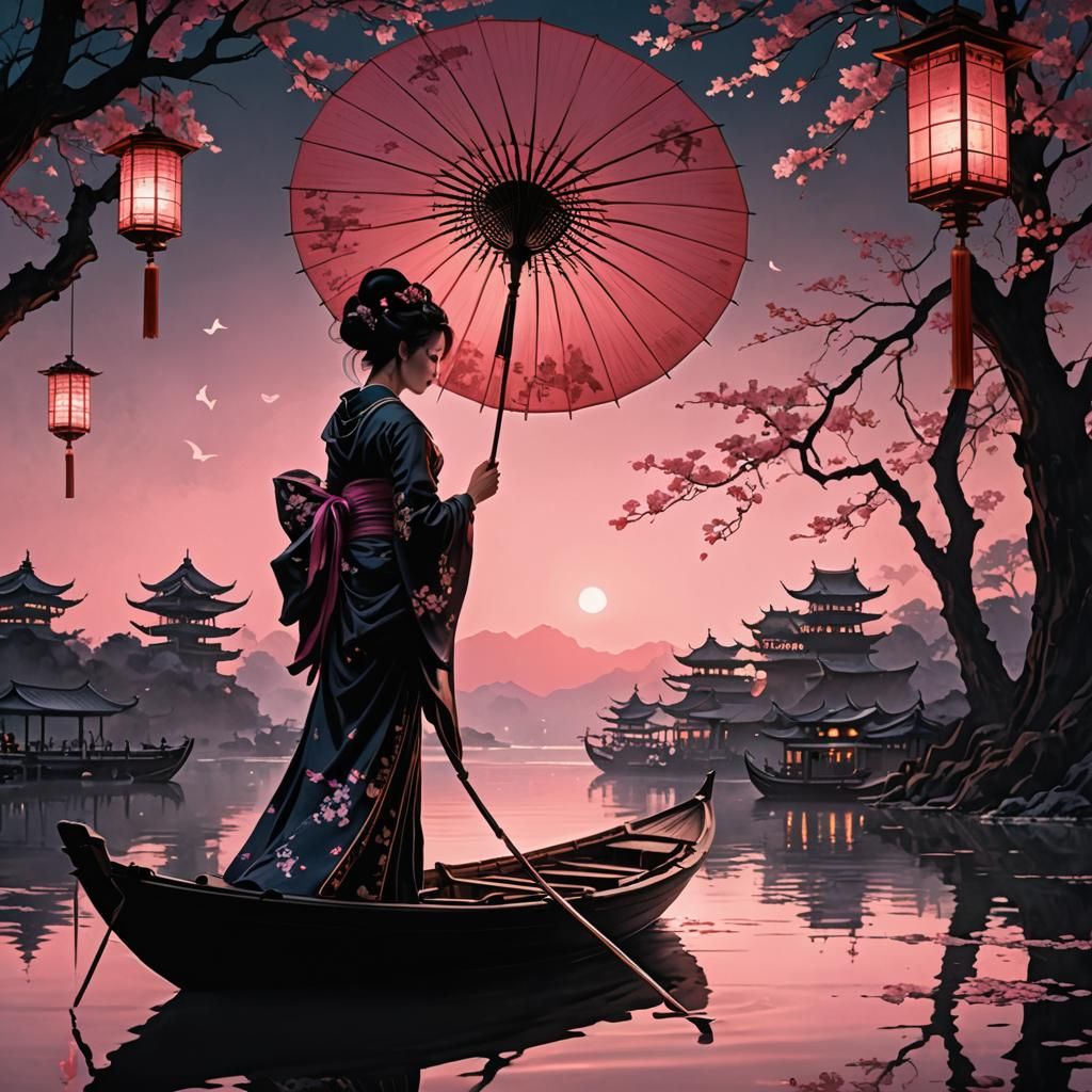 Geisha Silhouette in Lantern Light: Royo and Mucha Art