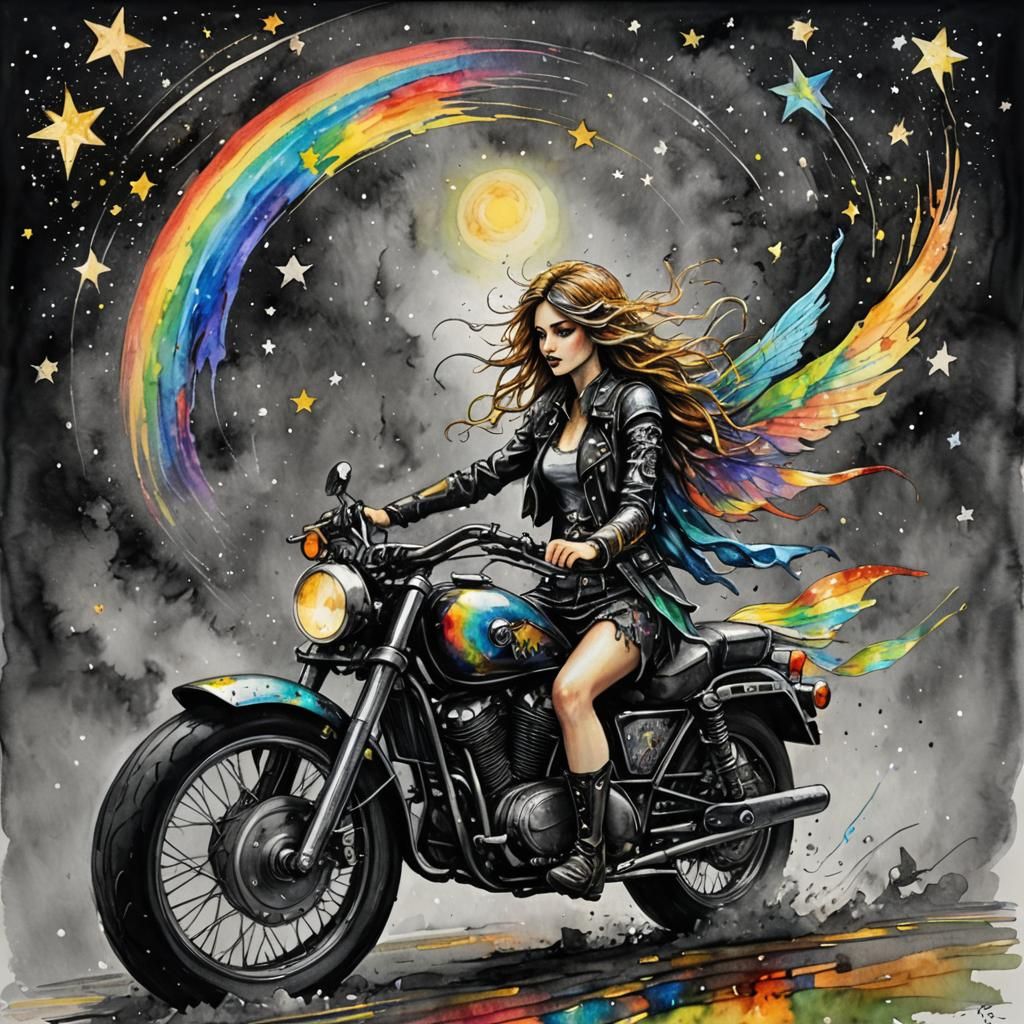 Fairy Warrior on Motorcycle in Van Gogh Style