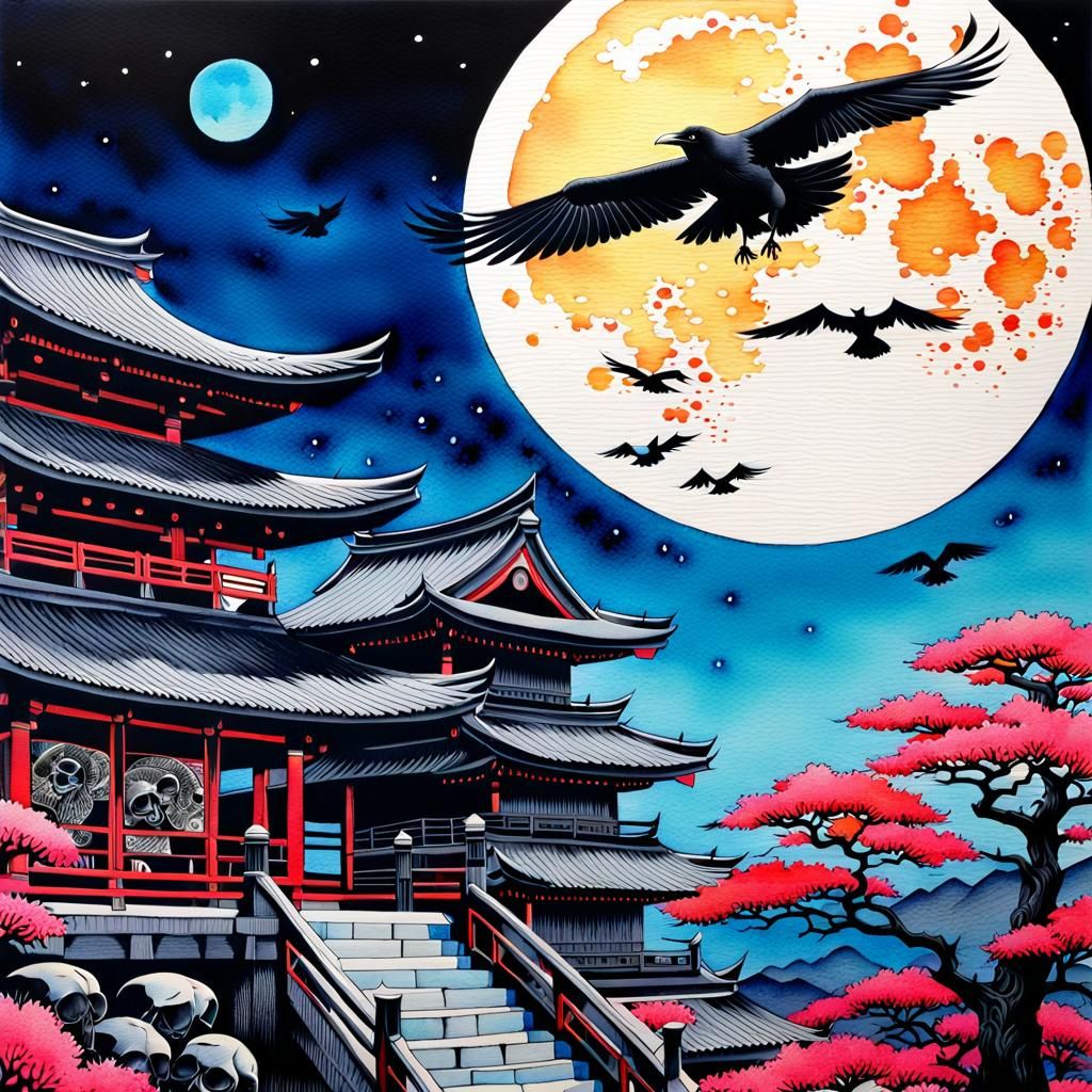 Japanese Landscape with Ravens and Full Moon in Ink