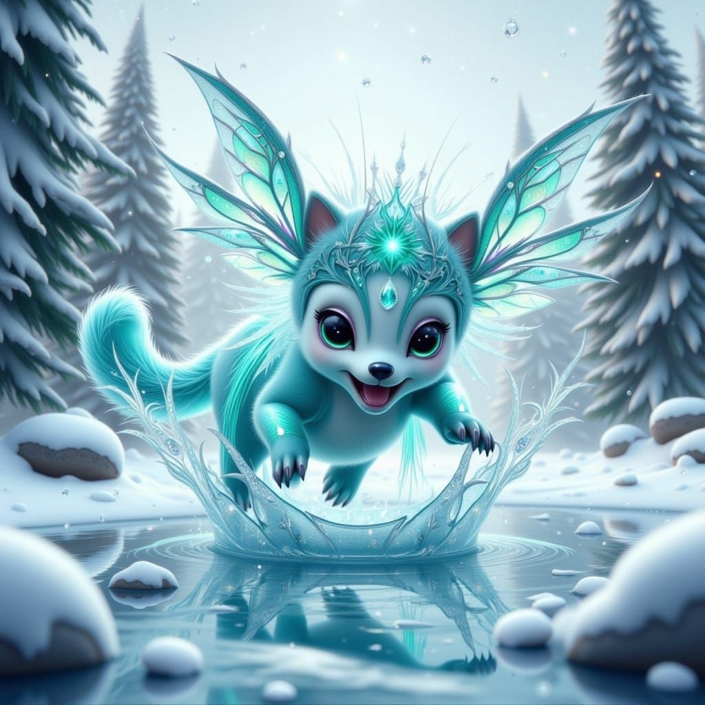 Whimsical Crystal Puppy Explores Winter Wonderland