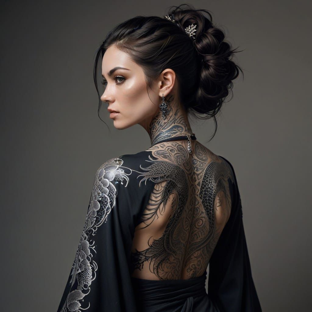 Regal Woman with Dragon Tattoo in Minimalist Studio