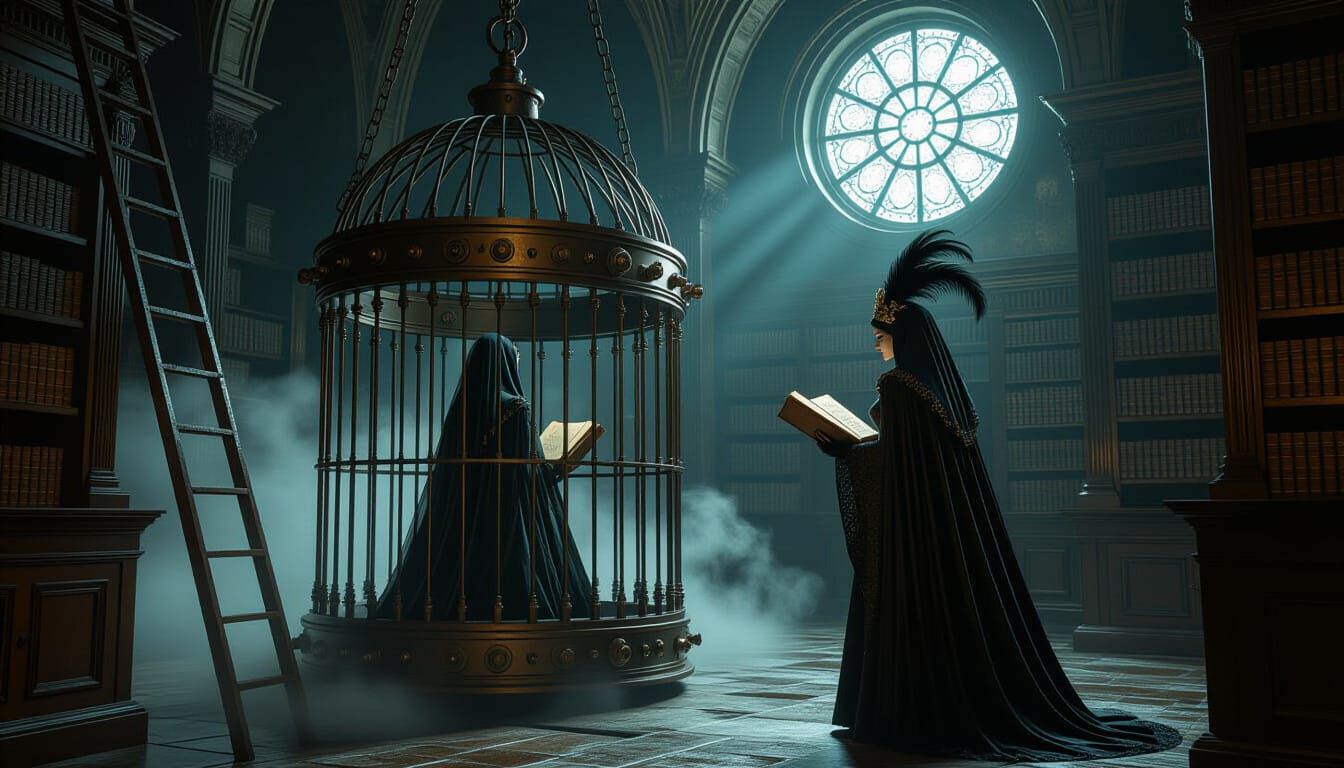 Steampunk Woman Confined in Ornate Bird Cage