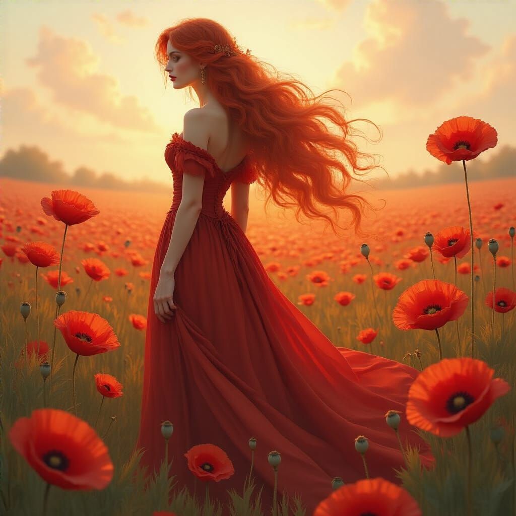 Ethereal Woman in Fiery Red Gown Amidst Poppies