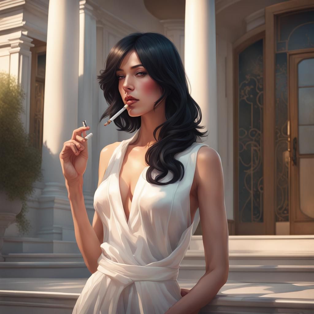 Woman Smoking at Night: Hyperdetailed Artstation Portrait