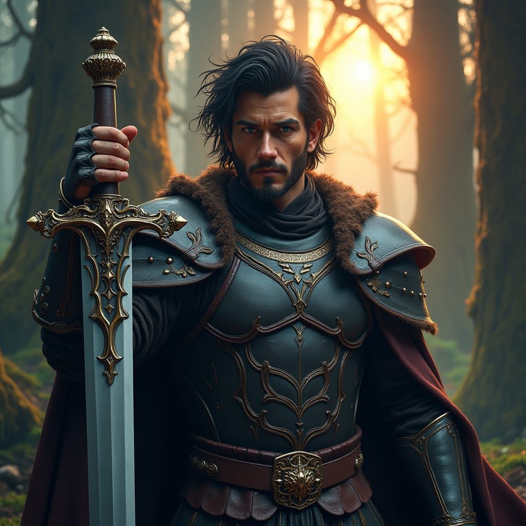 Regal King with Sword in Mystical Forest