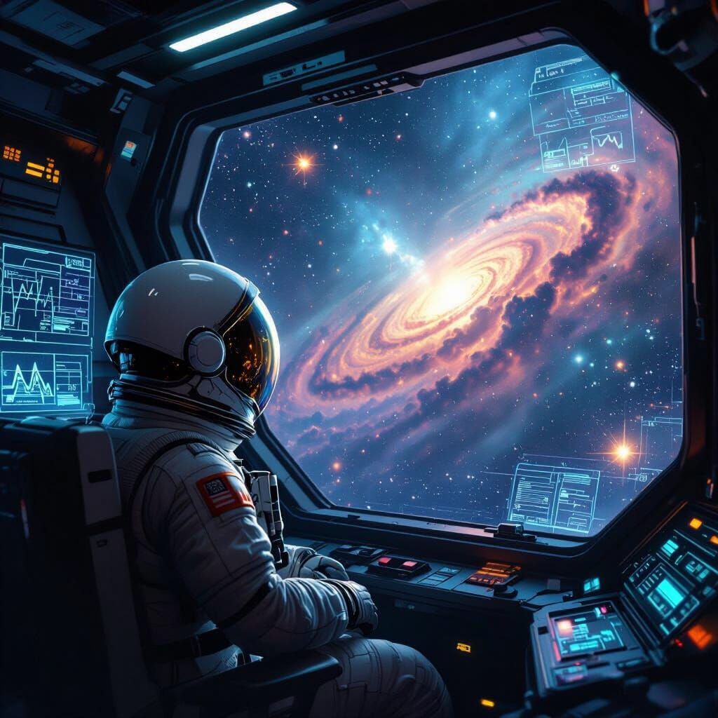 Astronaut Gazes at Cosmic Nebula in Retro Sci-Fi Style