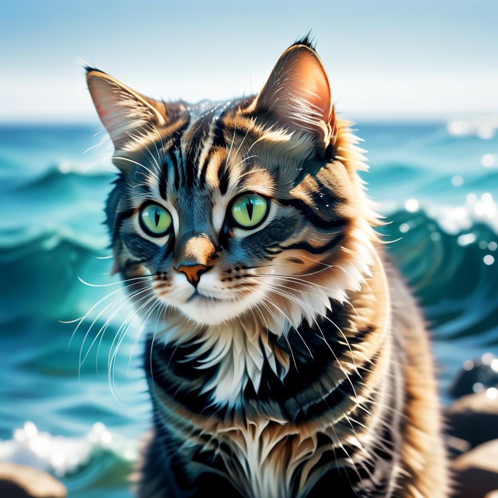 Serene Cat by the Ocean: Soft Focus