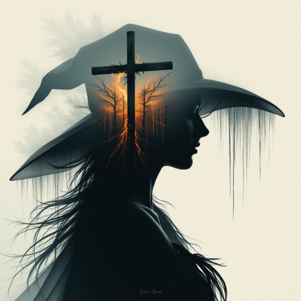 Witch Silhouette with Burning Cross Hat