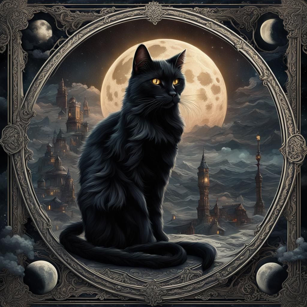 Black Cat and Moon Tarot Card Illustration