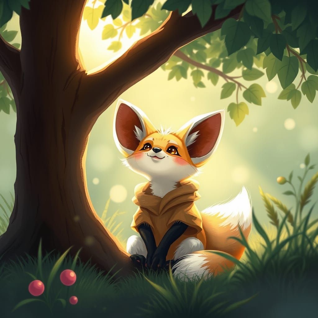 Fennec Fox Basking in Sunlight, Whimsical Art Style