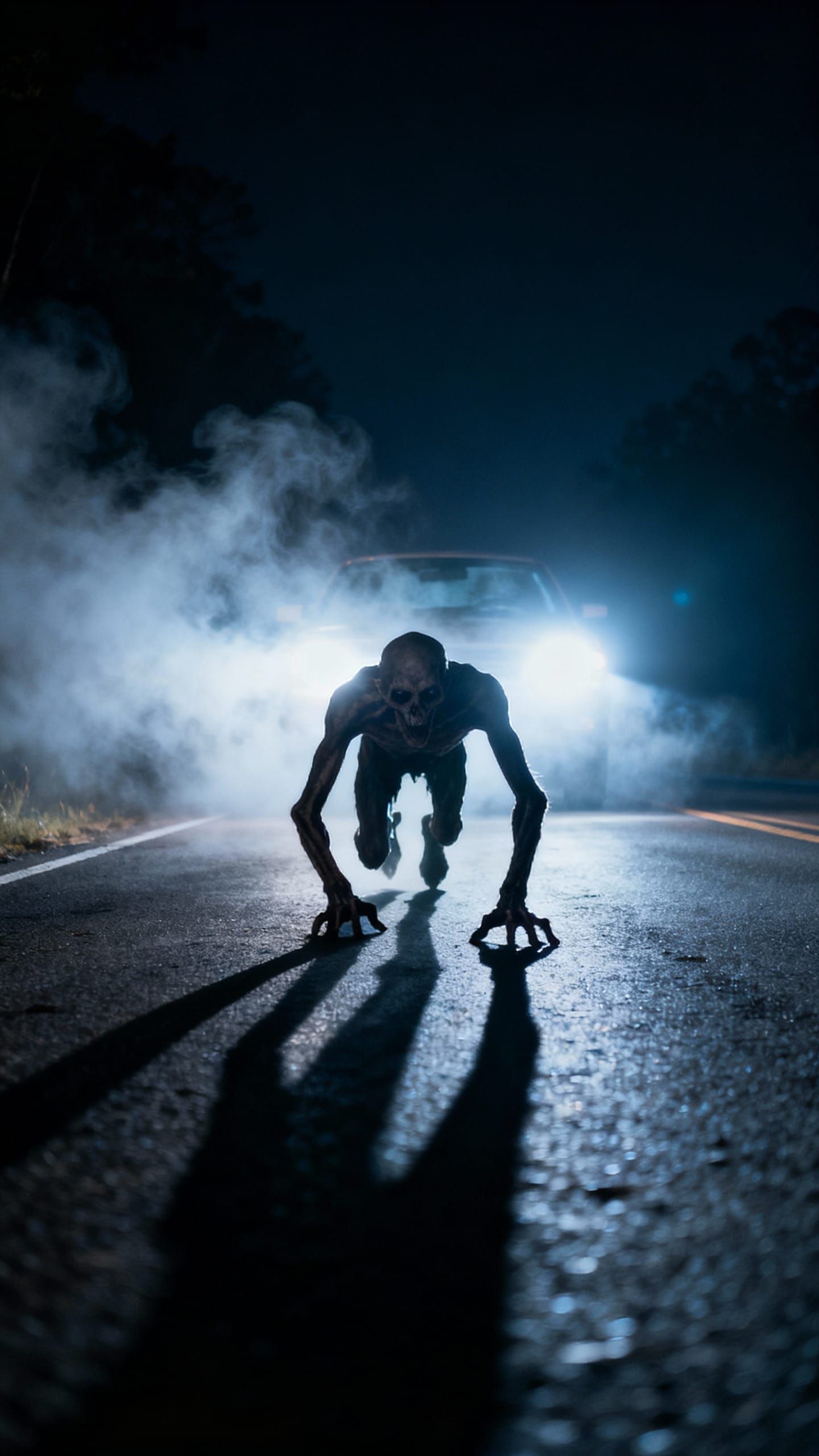 Horrifying Figure Crawls on Foggy Road in Headlight Beams