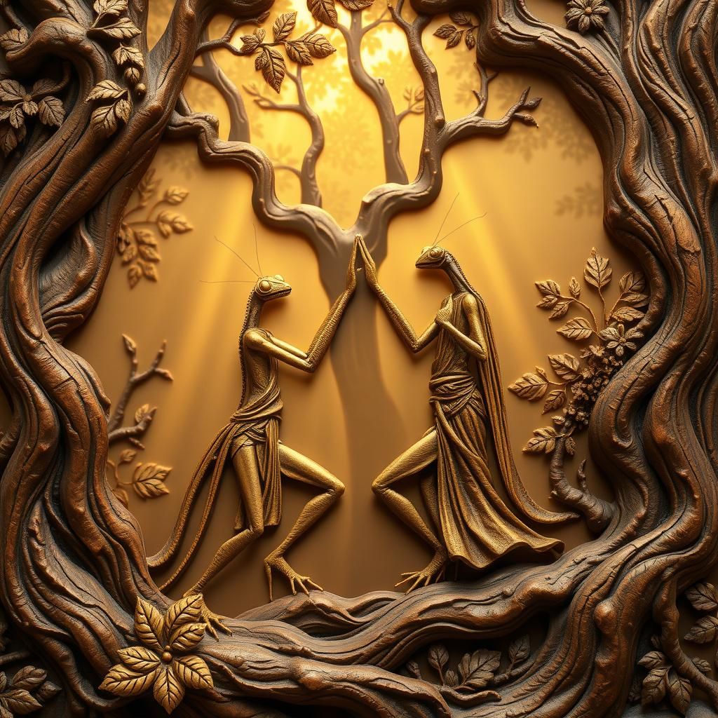 Praying Mantises Dancing in Forest Wood Relief
