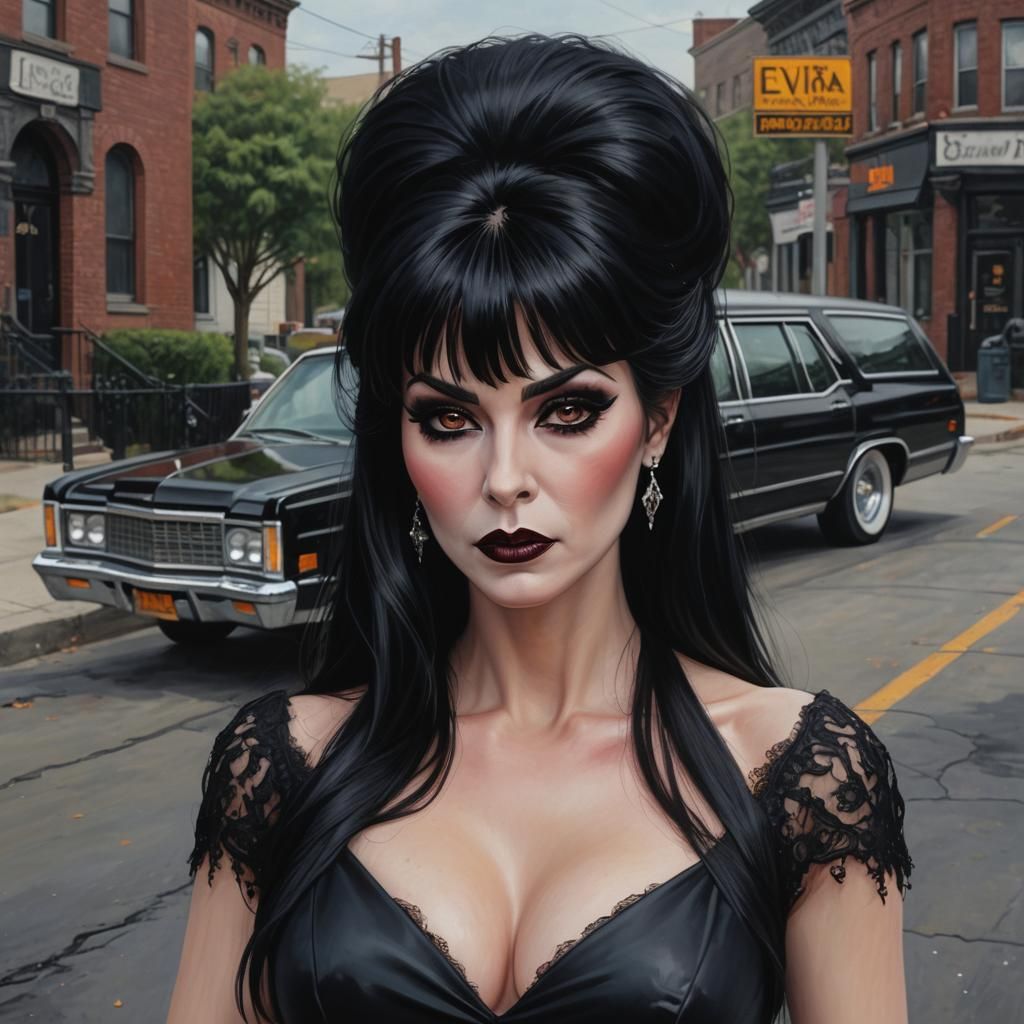 Elvira, Iconic Vamp Look in Hyperrealistic Style