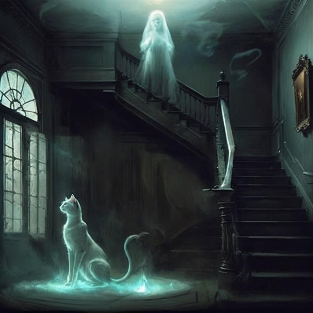 Ethereal Ghost Cat in Haunted House, Sfumato Style
