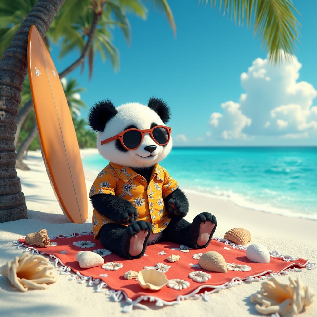 Panda's Tropical Beach Vacation as Digital Art